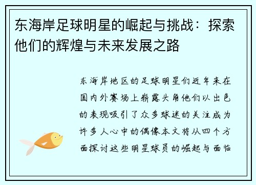 东海岸足球明星的崛起与挑战：探索他们的辉煌与未来发展之路